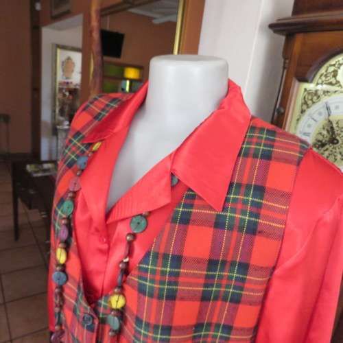 Fully lined tartan check waistcoat in red, green and yellow size 38/14. V neckline. As new.