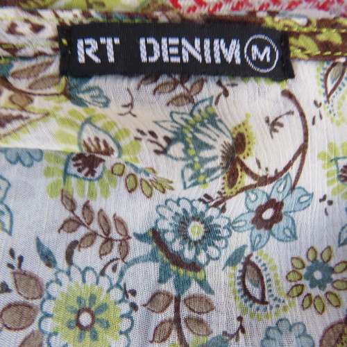 Strappy top for summer in lively green with turquoise and brown stripe and floral design size 32/8