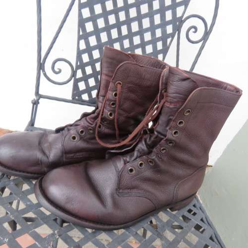 Pair of SADF brown genuine leather army boots in size 9.5 by DWS issued 1997.Army size 277W.Used.