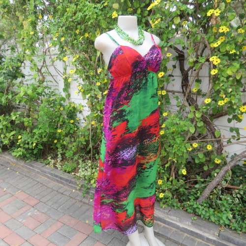 Colourful eye catching maxi strappy summer dress. Empire waist. Size 34/10. By Image. As new