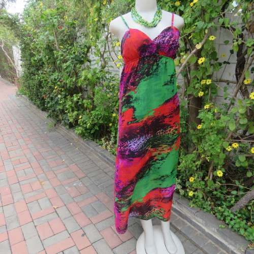 Colourful eye catching maxi strappy summer dress. Empire waist. Size 34/10. By Image. As new