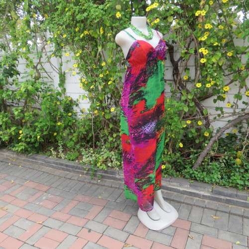 Colourful eye catching maxi strappy summer dress. Empire waist. Size 34/10. By Image. As new