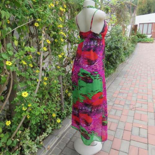 Colourful eye catching maxi strappy summer dress. Empire waist. Size 34/10. By Image. As new