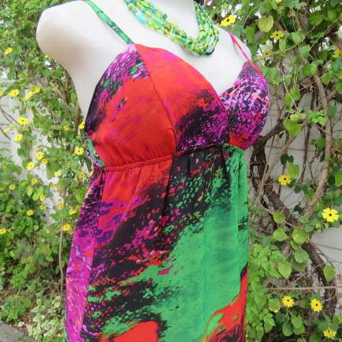 Colourful eye catching maxi strappy summer dress. Empire waist. Size 34/10. By Image. As new