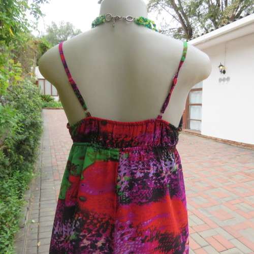 Colourful eye catching maxi strappy summer dress. Empire waist. Size 34/10. By Image. As new