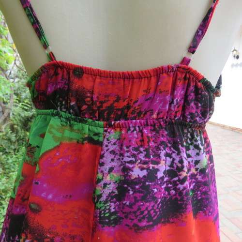Colourful eye catching maxi strappy summer dress. Empire waist. Size 34/10. By Image. As new