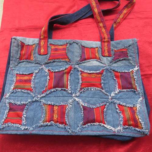 Fabulous denim patchwork bag together with red embossed fabric Size 43cm x 31cm New
