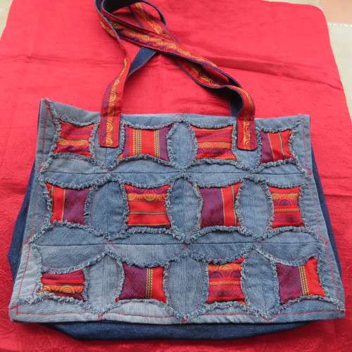 Fabulous denim patchwork bag together with red embossed fabric Size 43cm x 31cm New