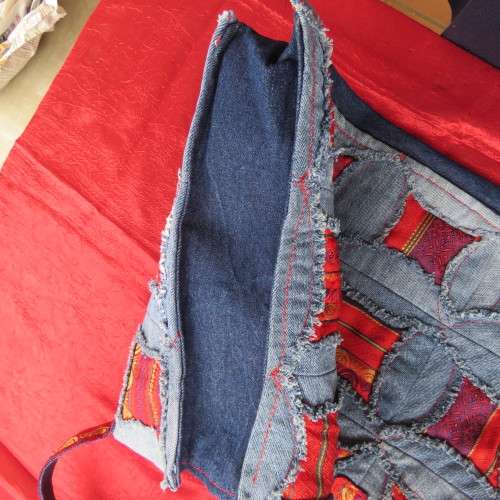 Fabulous denim patchwork bag together with red embossed fabric Size 43cm x 31cm New