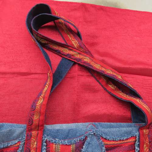 Fabulous denim patchwork bag together with red embossed fabric Size 43cm x 31cm New