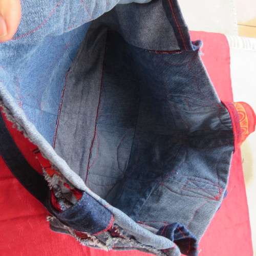 Fabulous denim patchwork bag together with red embossed fabric Size 43cm x 31cm New