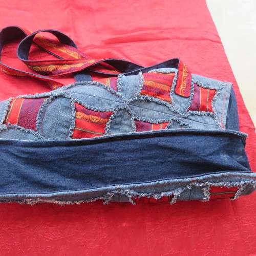 Fabulous denim patchwork bag together with red embossed fabric Size 43cm x 31cm New