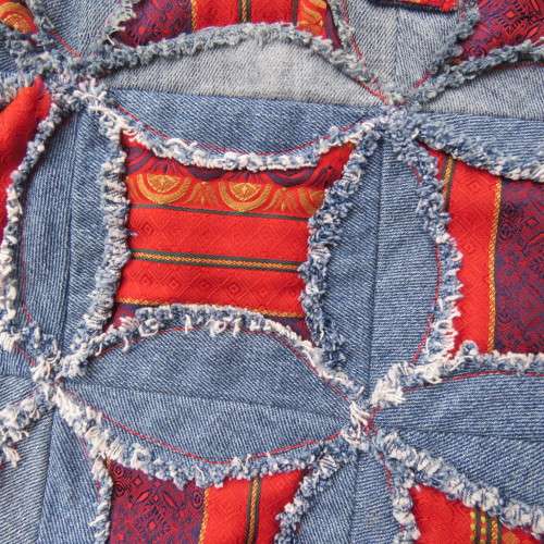 Fabulous denim patchwork bag together with red embossed fabric Size 43cm x 31cm New