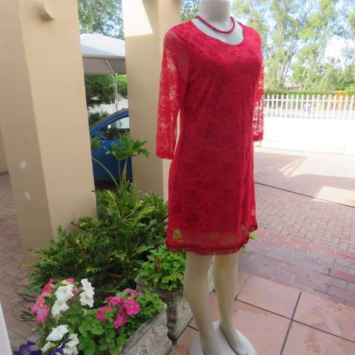 Stunning cherry red acrylic lace long sleeve special occasion dress Size 36/12 by `Drama Queen`  New