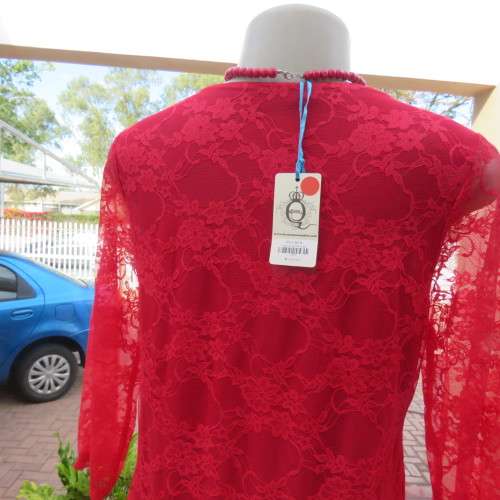 Stunning cherry red acrylic lace long sleeve special occasion dress Size 36/12 by `Drama Queen`  New