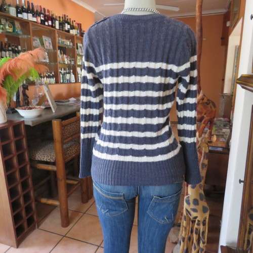 Cable knit pullover long sleeve cardigan in bluegrey. Size 34 to 36. By `Red`. Good condition.