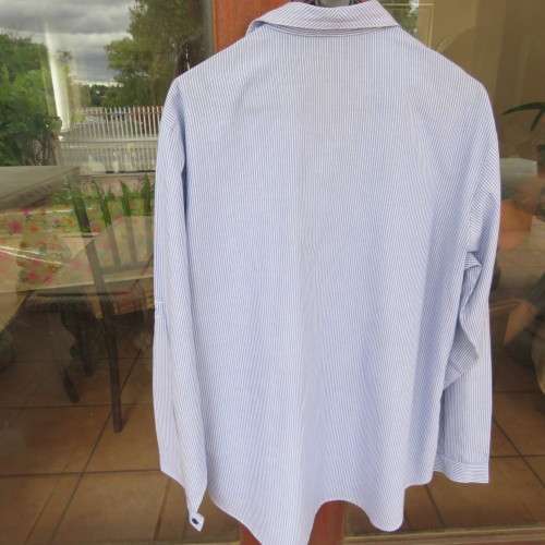 Men`s soft blue and white striped long sleeve shirt. By CENTUARY`.Size L-chest 116cm.Good condition.