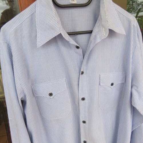 Men`s soft blue and white striped long sleeve shirt. By CENTUARY`.Size L-chest 116cm.Good condition.