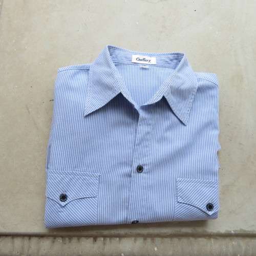 Men`s soft blue and white striped long sleeve shirt. By CENTUARY`.Size L-chest 116cm.Good condition.