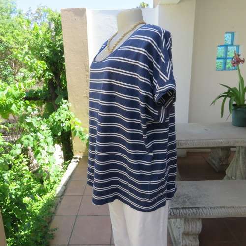 High quality `David Jones` slip-over top in navy and white horizontal stripes. Size 44-46. As new.