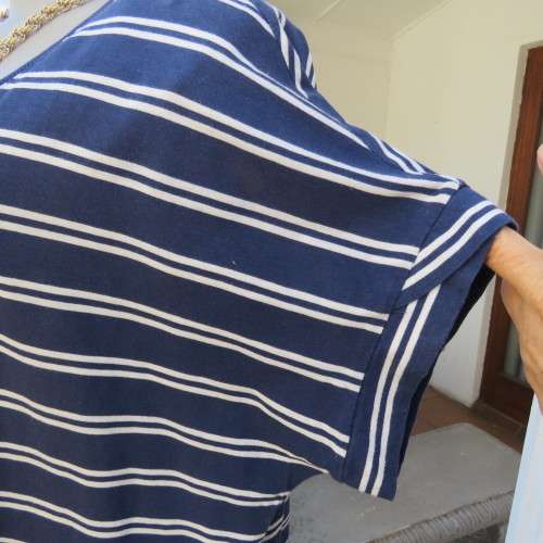 High quality `David Jones` slip-over top in navy and white horizontal stripes. Size 44-46. As new.