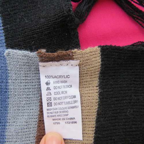 As new. Men`s knitted scarf in brown, cream, grey, blue and black stripes. Size 160cm x 23cm.