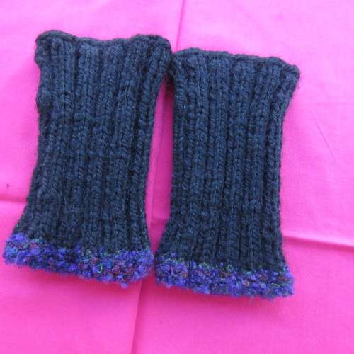 Hand knitted black fingerless mittens. Handy for work. Size Medium to Large. With purple edging.