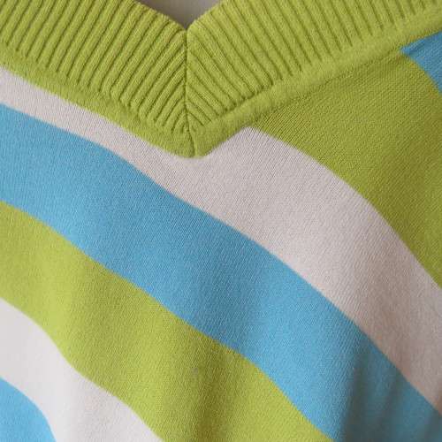 Cute viscose/nylon knit slip over top with diagonal stripes in blue,white and limegreen. Size 34/10.