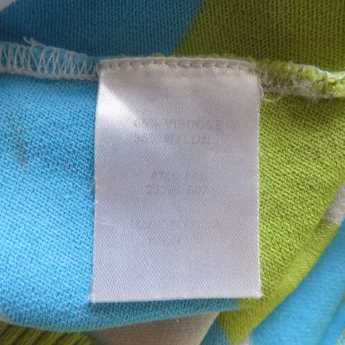 Cute viscose/nylon knit slip over top with diagonal stripes in blue,white and limegreen. Size 34/10.