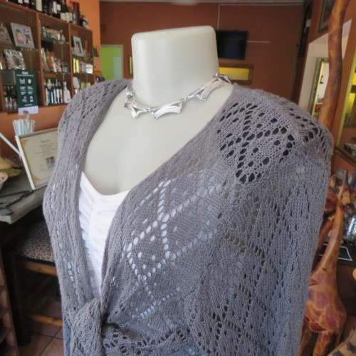 Grey bolero style acrylic knit long sleeve cardigan by `INSYNC` size 44/20. Good condition.