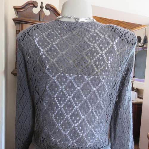 Grey bolero style acrylic knit long sleeve cardigan by `INSYNC` size 44/20. Good condition.
