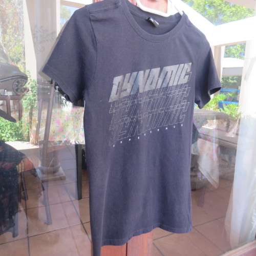 Black slim cut T-shirt for boy 13 to 14 years old boy by RT DYNAMIC EXPERIENCE logo. Good condition.