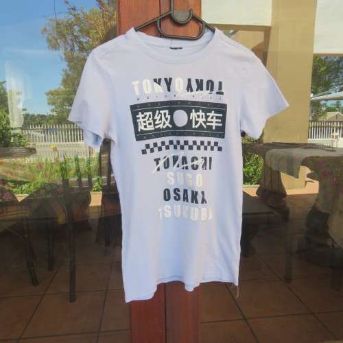 Pale blue slim fit short sleeve T-shirt for 13 to 14 year old boy by RT TOKYO MOTORCROSS.