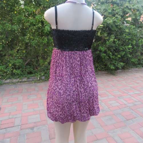 Evening dress with black stretch sequins top and violet/pink animal print balloon skirt size 32/8