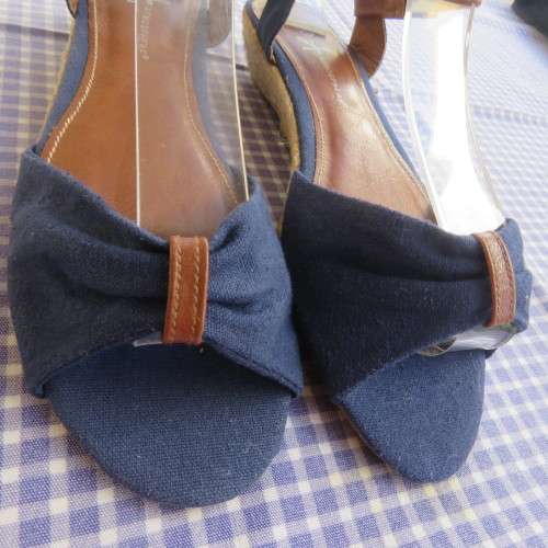 Pair of blue denim sandals with tan colour straps. Sisal low heels by ATMOSPHERE in size 5.