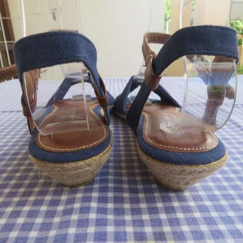 Pair of blue denim sandals with tan colour straps. Sisal low heels by ATMOSPHERE in size 5.