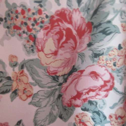 Silky boutique made pink/crimson floral long sleeve top on cream. Gathering on shoulders. Size 50/26