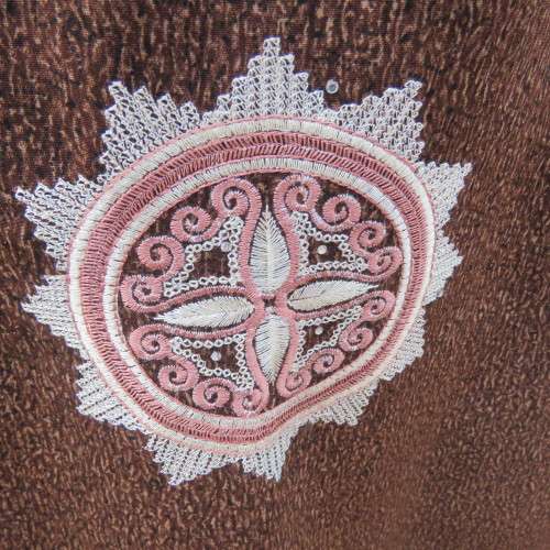 Unique ethnic low calf length dress in mottled brown/cream richly embellished. Size 34 to 36.As new