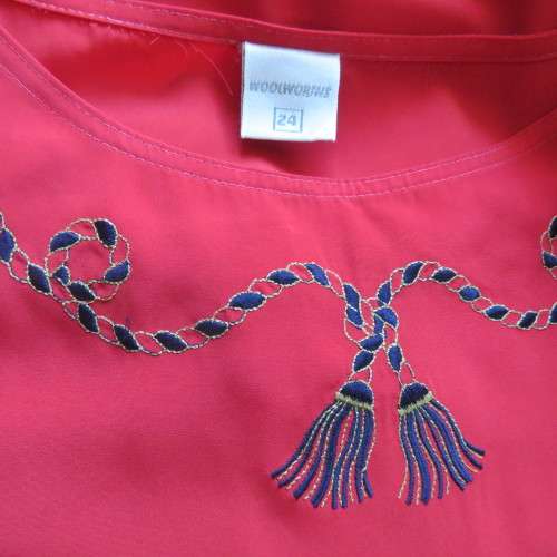 Cherry red slip over silky 100% polyester short sleeve top with stunning embroidery.Size 48.As new