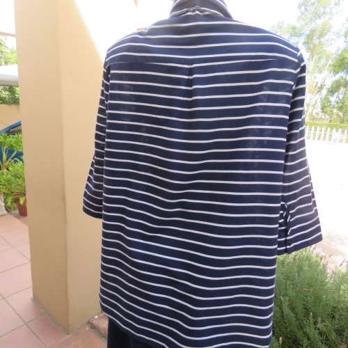Casual navy and white horizontal striped button down top by RENE TAYLOR size 42/18. Good cond.