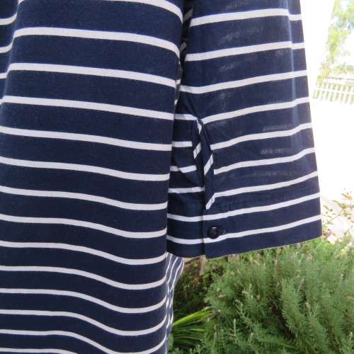Casual navy and white horizontal striped button down top by RENE TAYLOR size 42/18. Good cond.