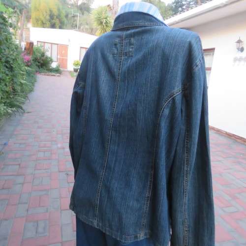 Denim long sleeve jacket closing with 3 buttons. Wide open collar. Size 46/22. Distressed look.