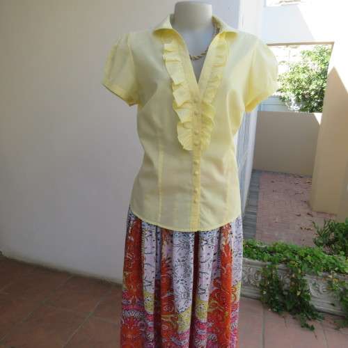 Feminine lemon yellow button down capped sleeve top with frilled front.Open round end collar.Size 38