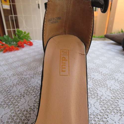 As new black block heel suede shoes with ankle straps and open toes. By MRP in size 3