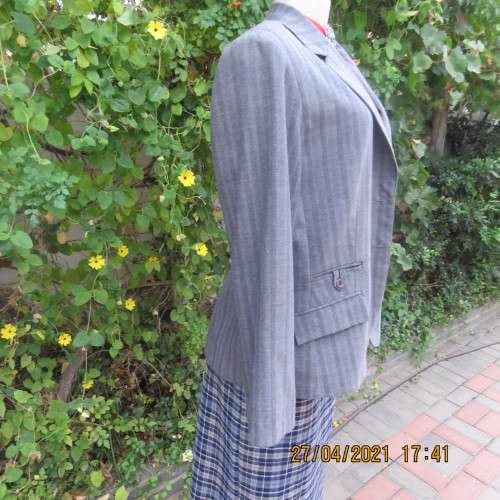Versatile blazer style grey jacket with thin black vertical stripes. Size 40/16 by EXACT. As new.