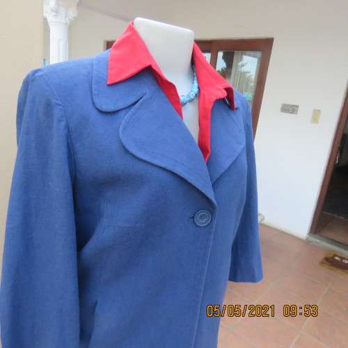 Flattering indigo blue open jacket in linen/rayon blend.One button. Size 34/10 by WOOLWORTHS.As new