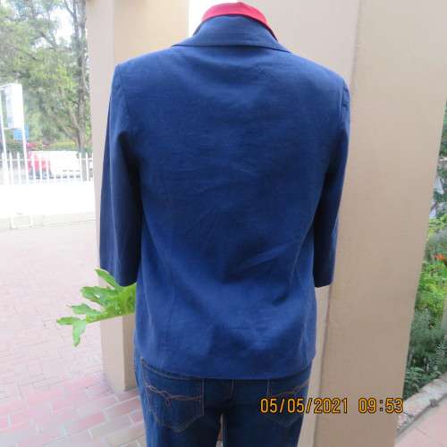 Flattering indigo blue open jacket in linen/rayon blend.One button. Size 34/10 by WOOLWORTHS.As new