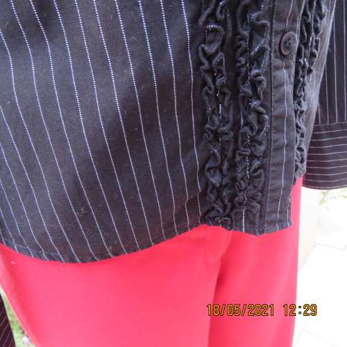 Black polycotton long sleeve shirt with white stripes, Frilled button down front.Size38/14