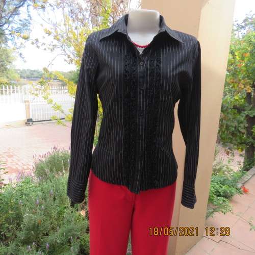 Black polycotton long sleeve shirt with white stripes, Frilled button down front.Size38/14