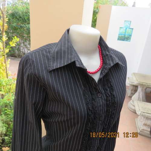 Black polycotton long sleeve shirt with white stripes, Frilled button down front.Size38/14